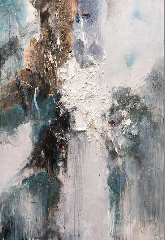 Abstract art with a mix of white, blue, and brown colors