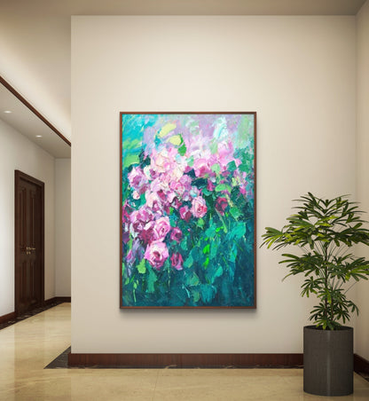 Impressionist Pink Roses Textured Floral Painting