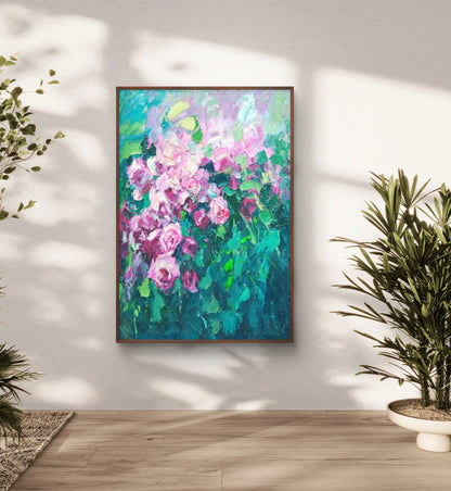 Impressionist Pink Roses Textured Floral Painting