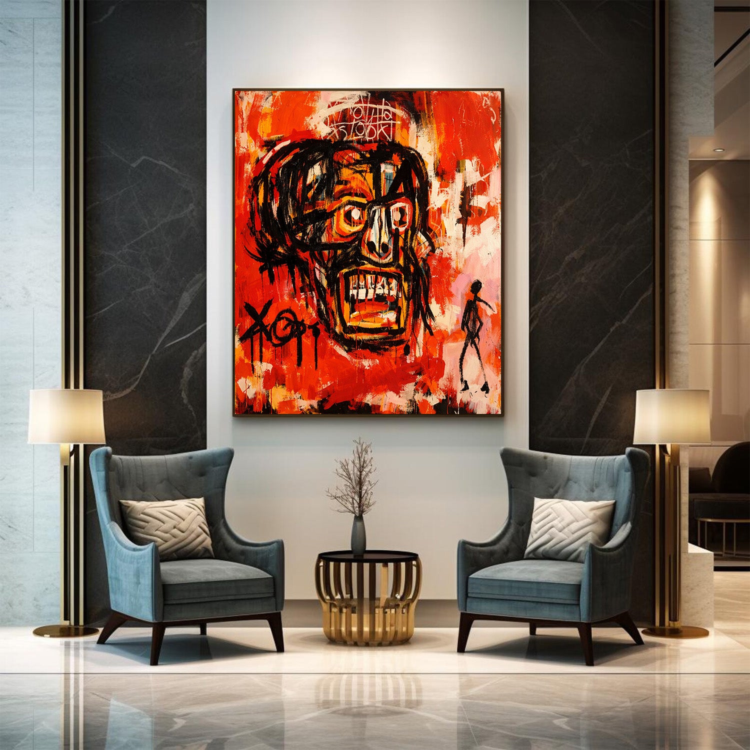 Modern living room with two gray armchairs, a small round table, and a large abstract painting on the wall.