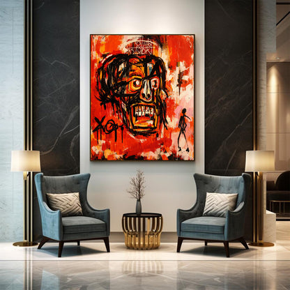 Modern living room with two gray armchairs, a small round table, and a large abstract painting on the wall.