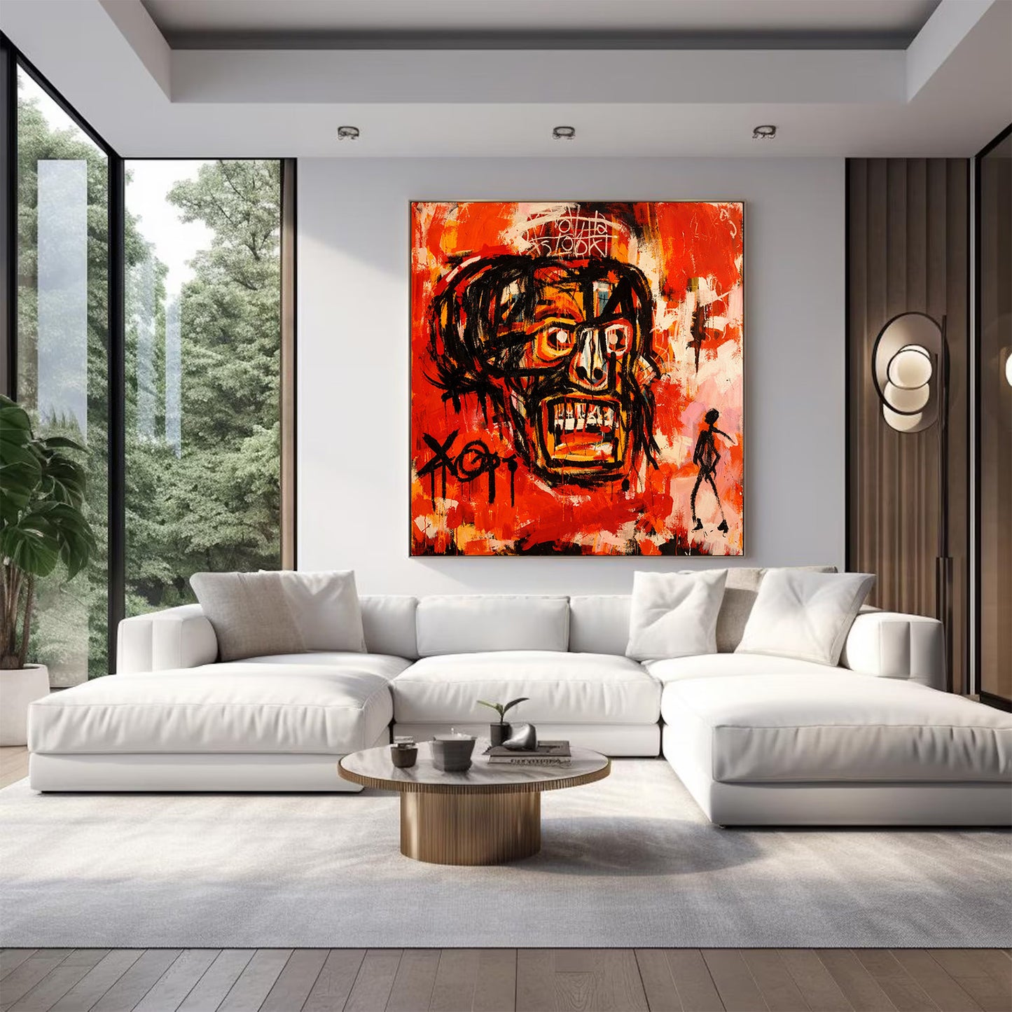 Modern living room with a white sofa, wooden coffee table, and colorful abstract painting on the wall.