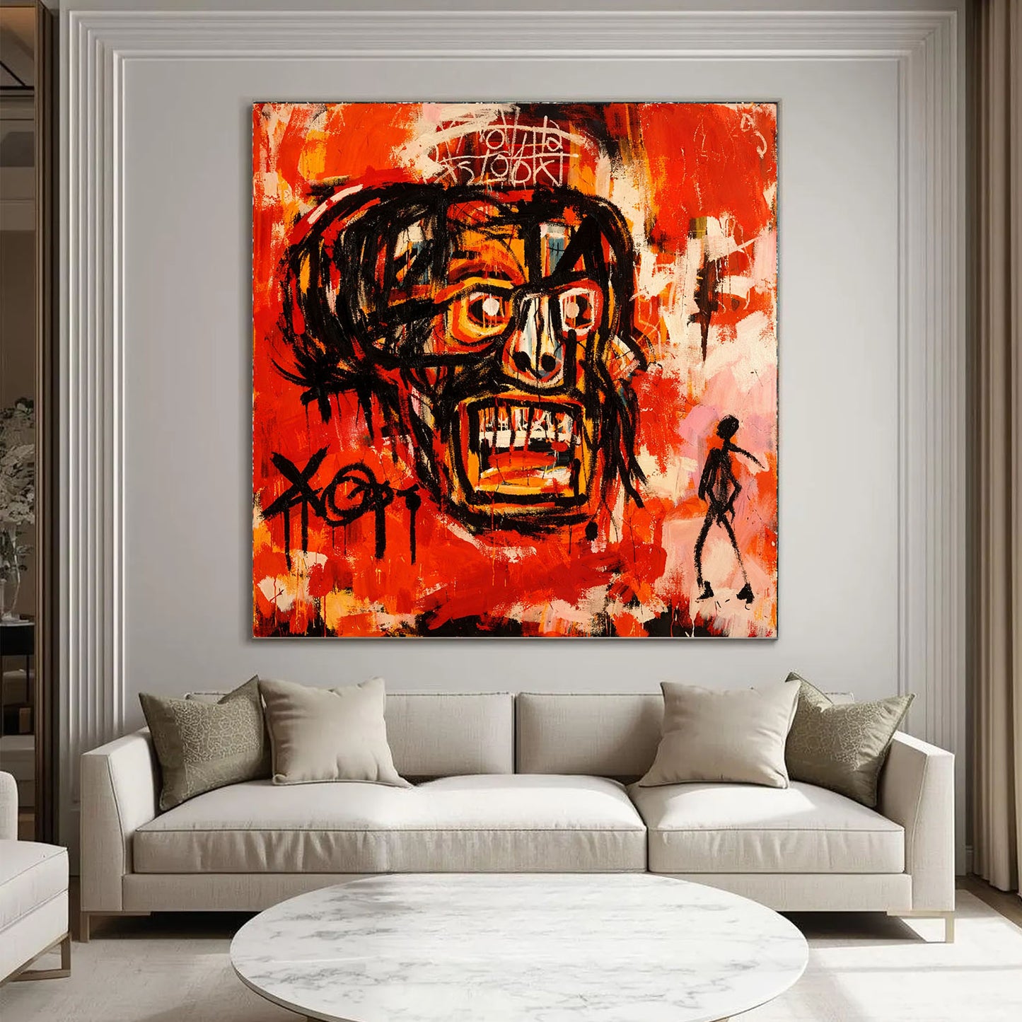 Abstract painting on a wall above a sofa in a modern living room