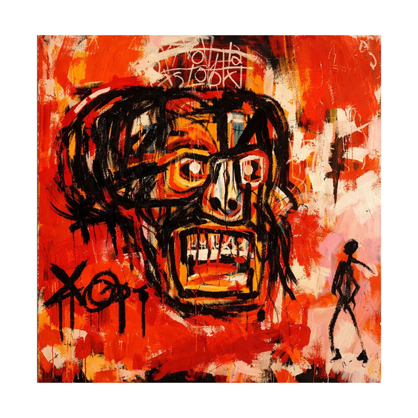 Abstract artwork with a stylized face on an orange background