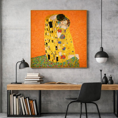 Gustav Klimt The Kiss art print displayed in contemporary home office with wooden desk