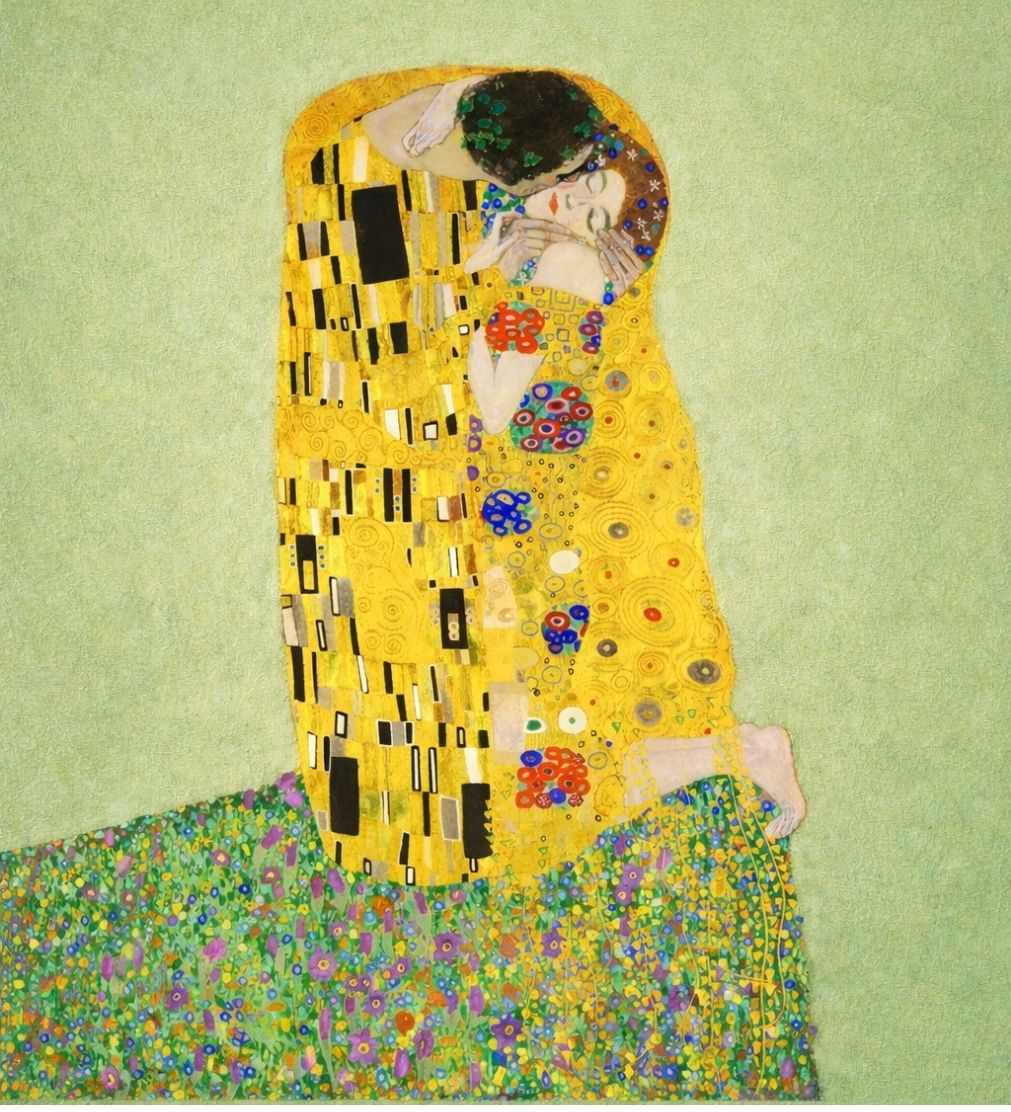 Gustav Klimt The Kiss artwork with soft green background and floral ground details