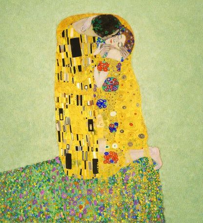 Gustav Klimt The Kiss artwork with soft green background and floral ground details