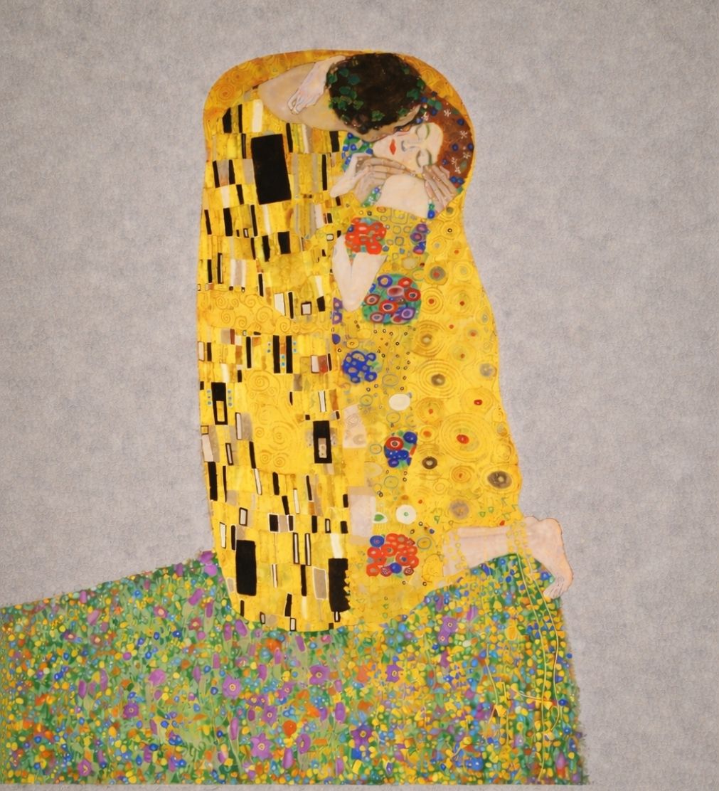 Gustav Klimt The Kiss artwork with muted grey background and rich decorative textures