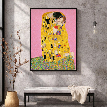 Framed artwork of 'The Kiss' by Gustav Klimt in a modern interior setting.