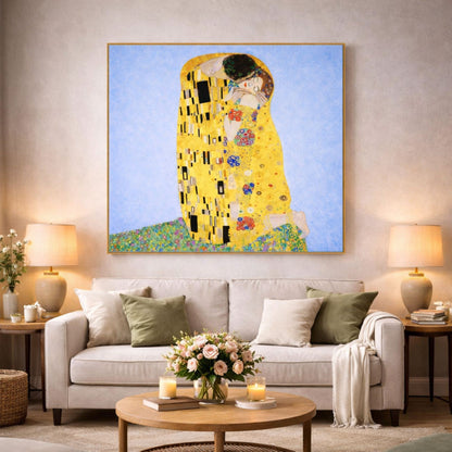 Gustav Klimt The Kiss framed artwork above beige sofa in warm minimalist living room