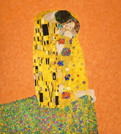 Gustav Klimt The Kiss reproduction with warm orange background and gold mosaic details