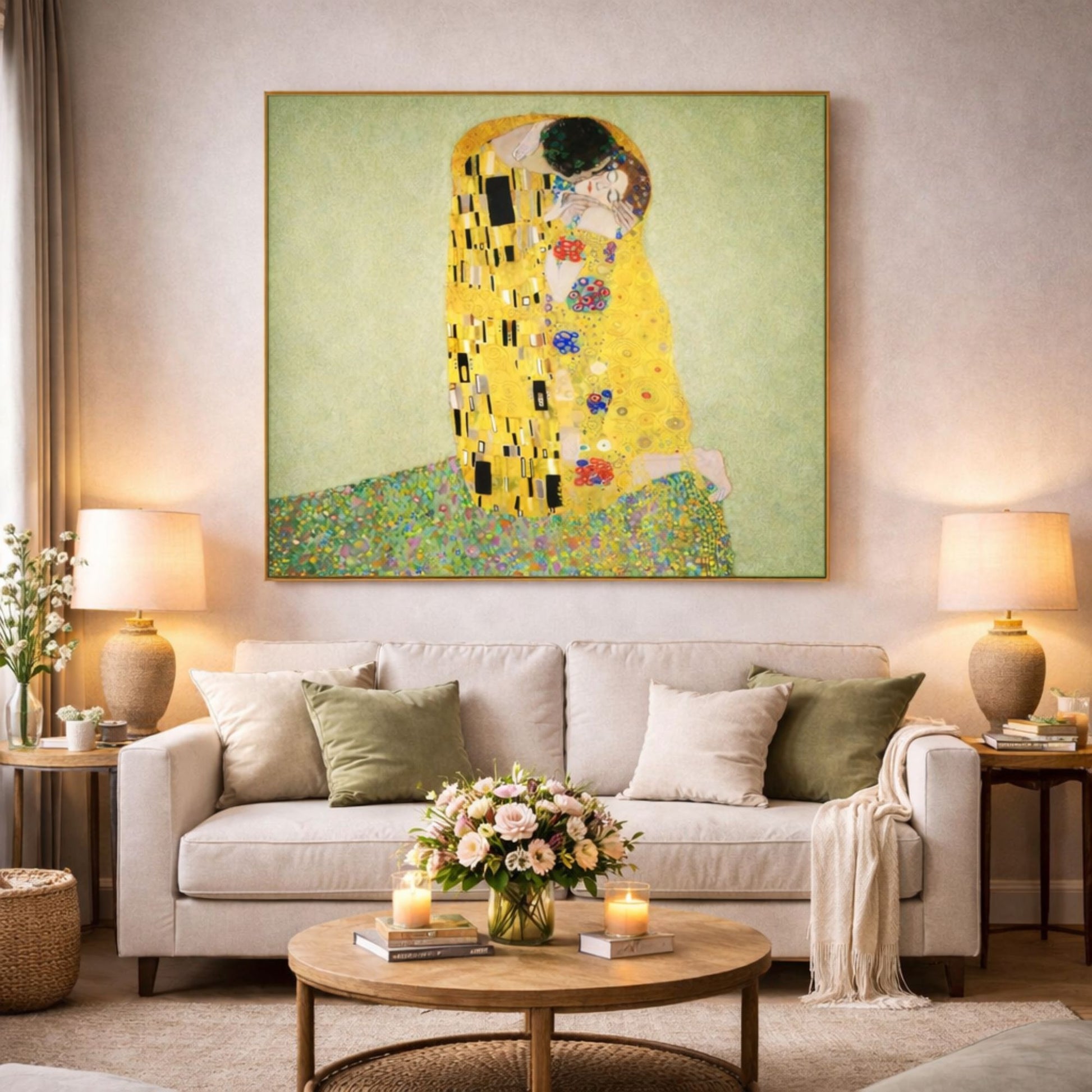 Gustav Klimt The Kiss reproduction with green background styled in elegant living room