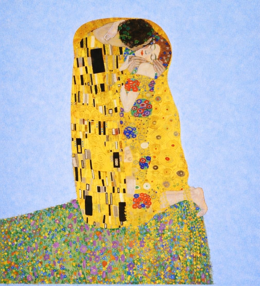 Gustav Klimt The Kiss art print with soft blue background and floral ground details