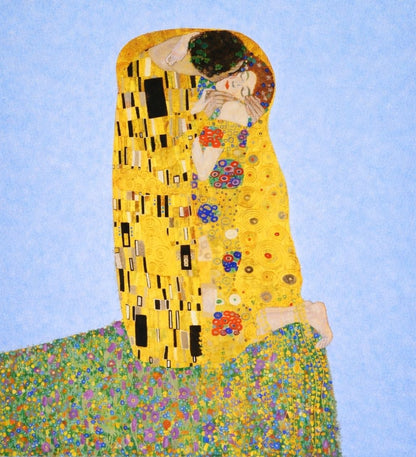 Gustav Klimt The Kiss art print with soft blue background and floral ground details