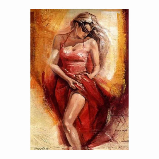 Artistic depiction of a woman in a red dress with warm color tones