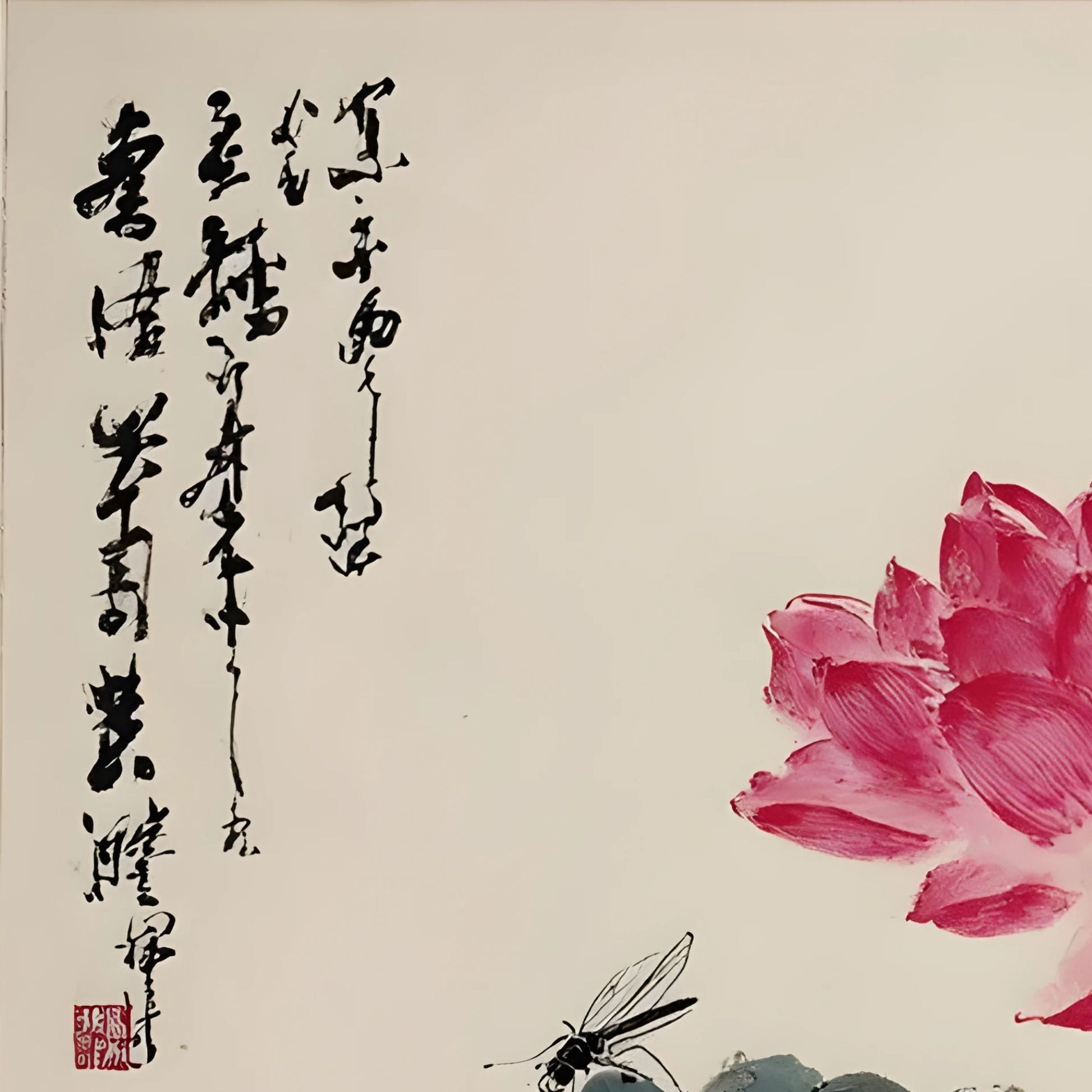 Traditional Chinese painting of a pink lotus flower with a dragonfly on a beige background.