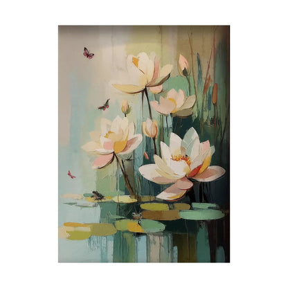 Painting of lotus flowers and butterflies on a light background