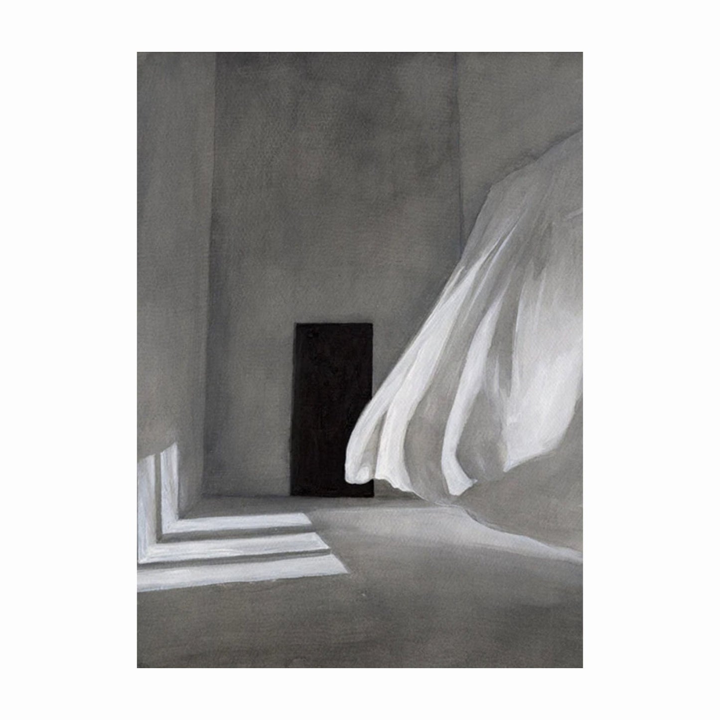 Abstract art piece with a draped white fabric and shadowed room.
