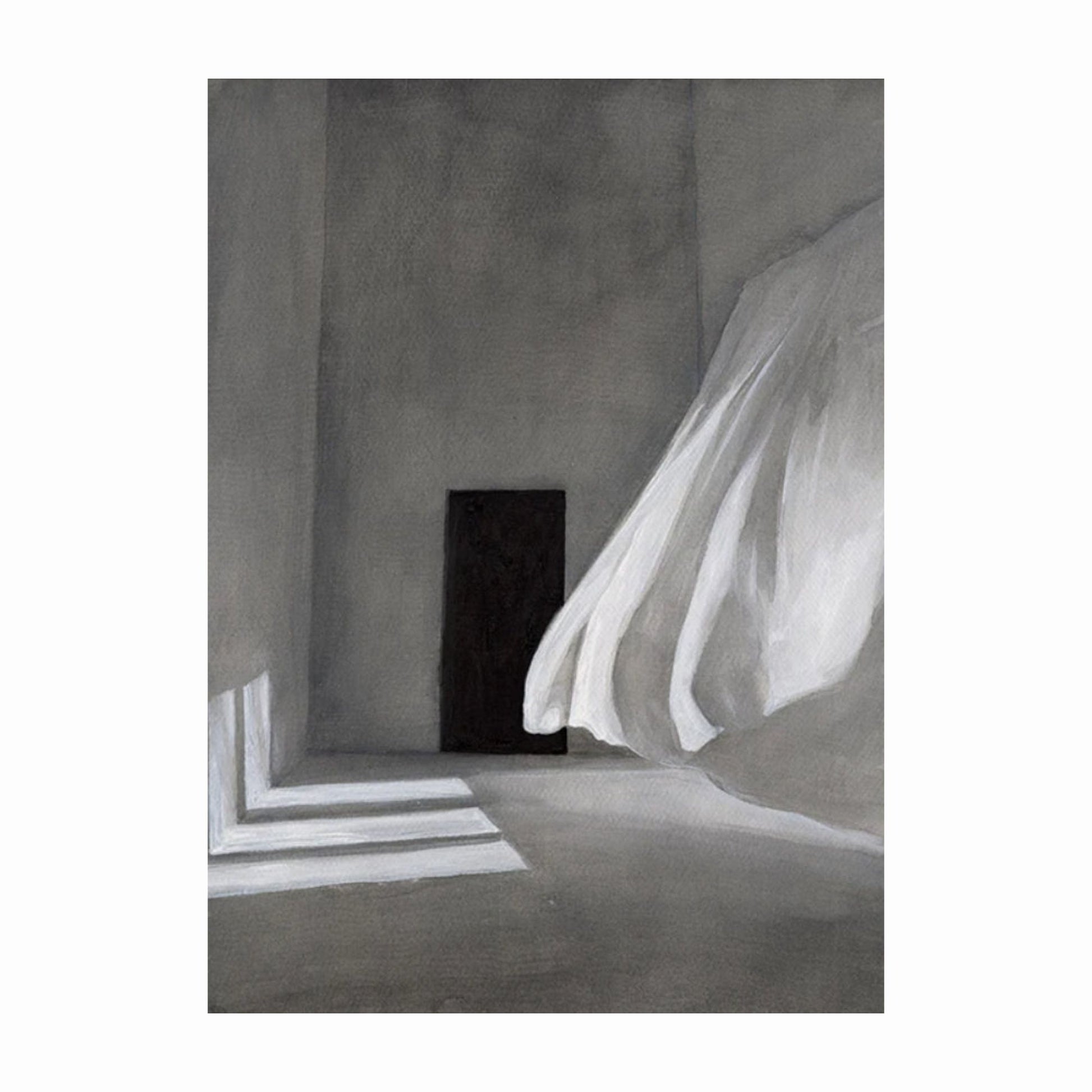Abstract art piece with a draped white fabric and shadowed room.