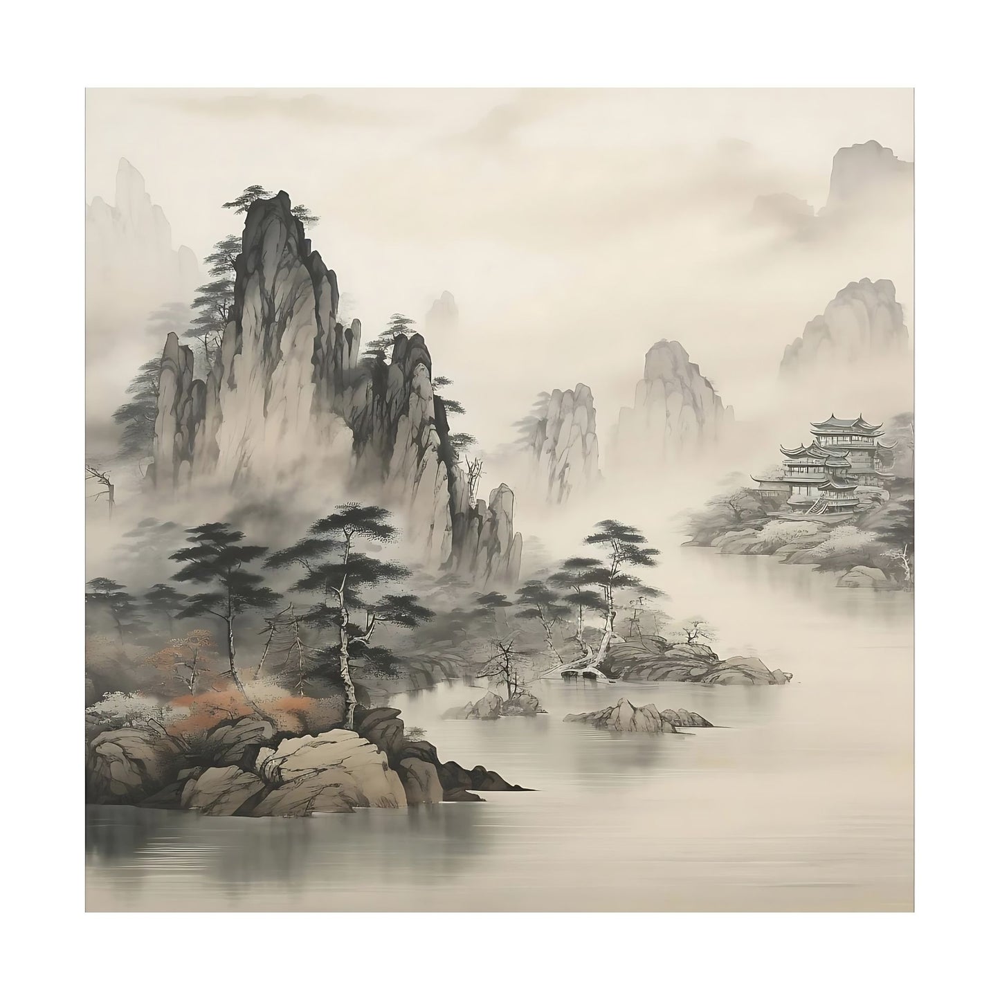 Traditional Chinese landscape painting with mountains, trees, and a building.
