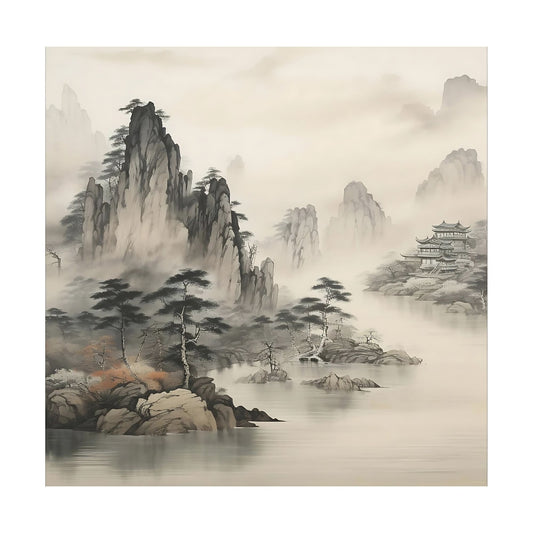 Traditional Chinese landscape painting with mountains, trees, and a building.