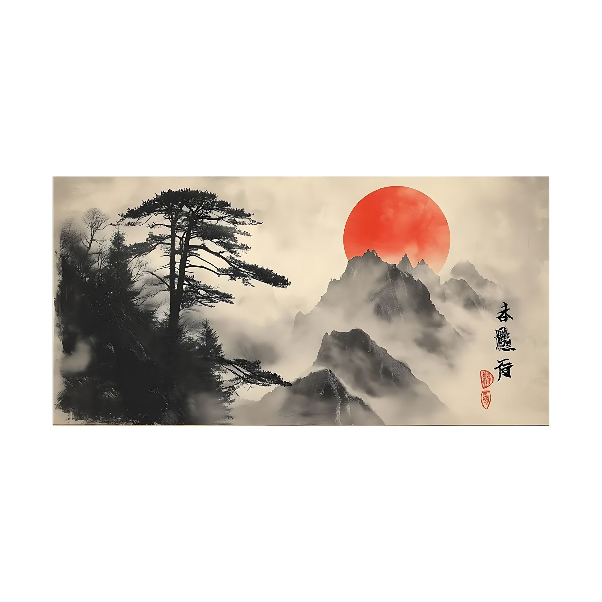 Traditional Japanese landscape painting with red sun, mountains, and trees on a beige background.