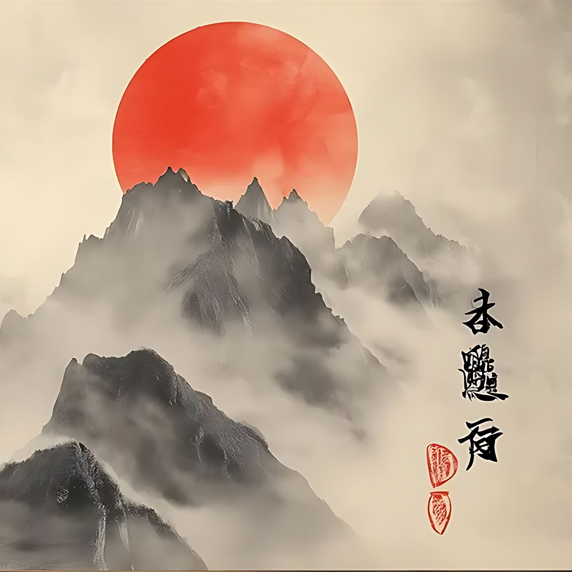 Traditional Japanese artwork of mountains and a red sun with calligraphy.