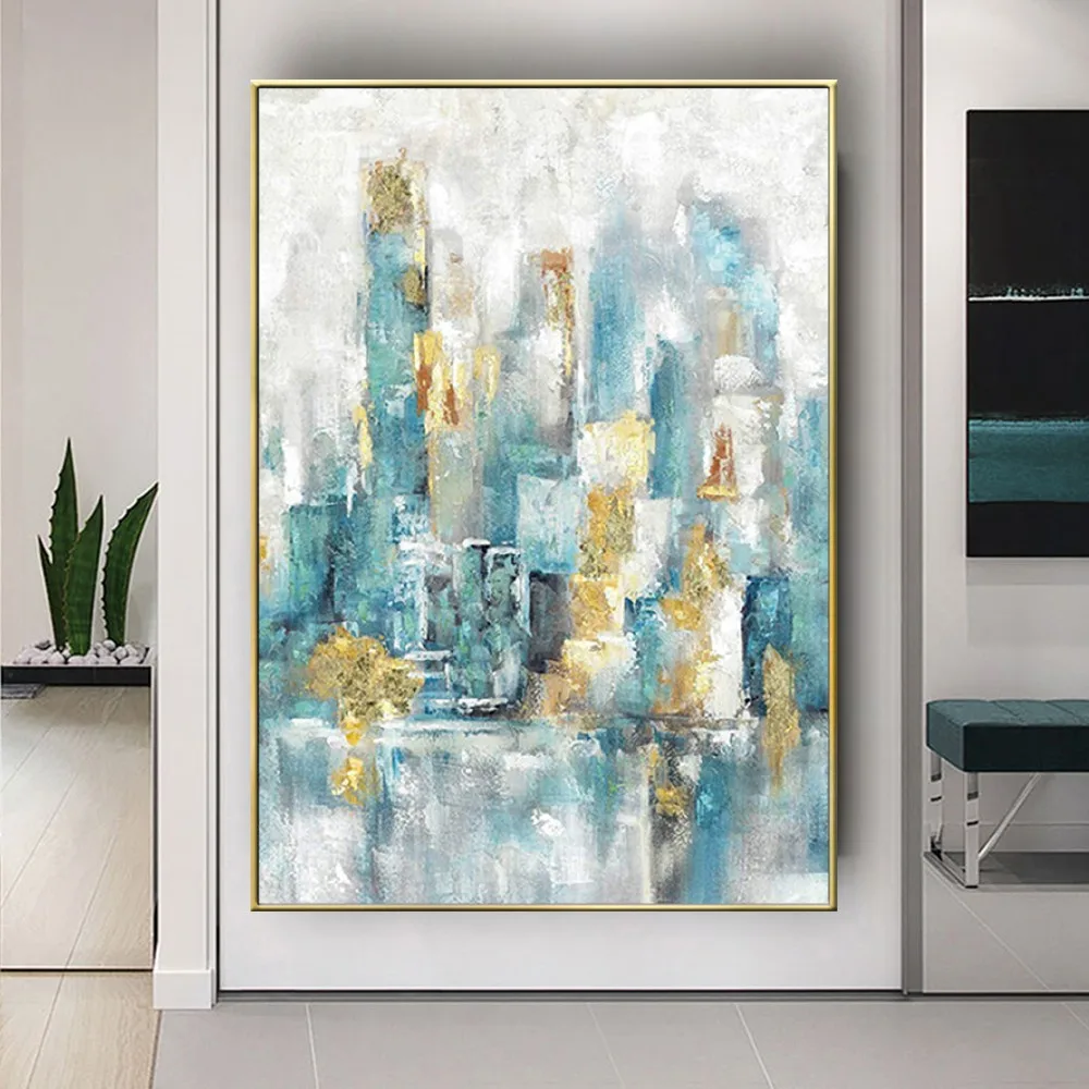 Abstract Aqua Blue Gold Urban Cityscape Wall Art