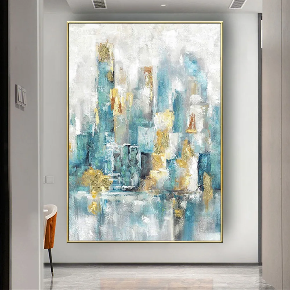 Abstract Aqua Blue Gold Urban Cityscape Wall Art