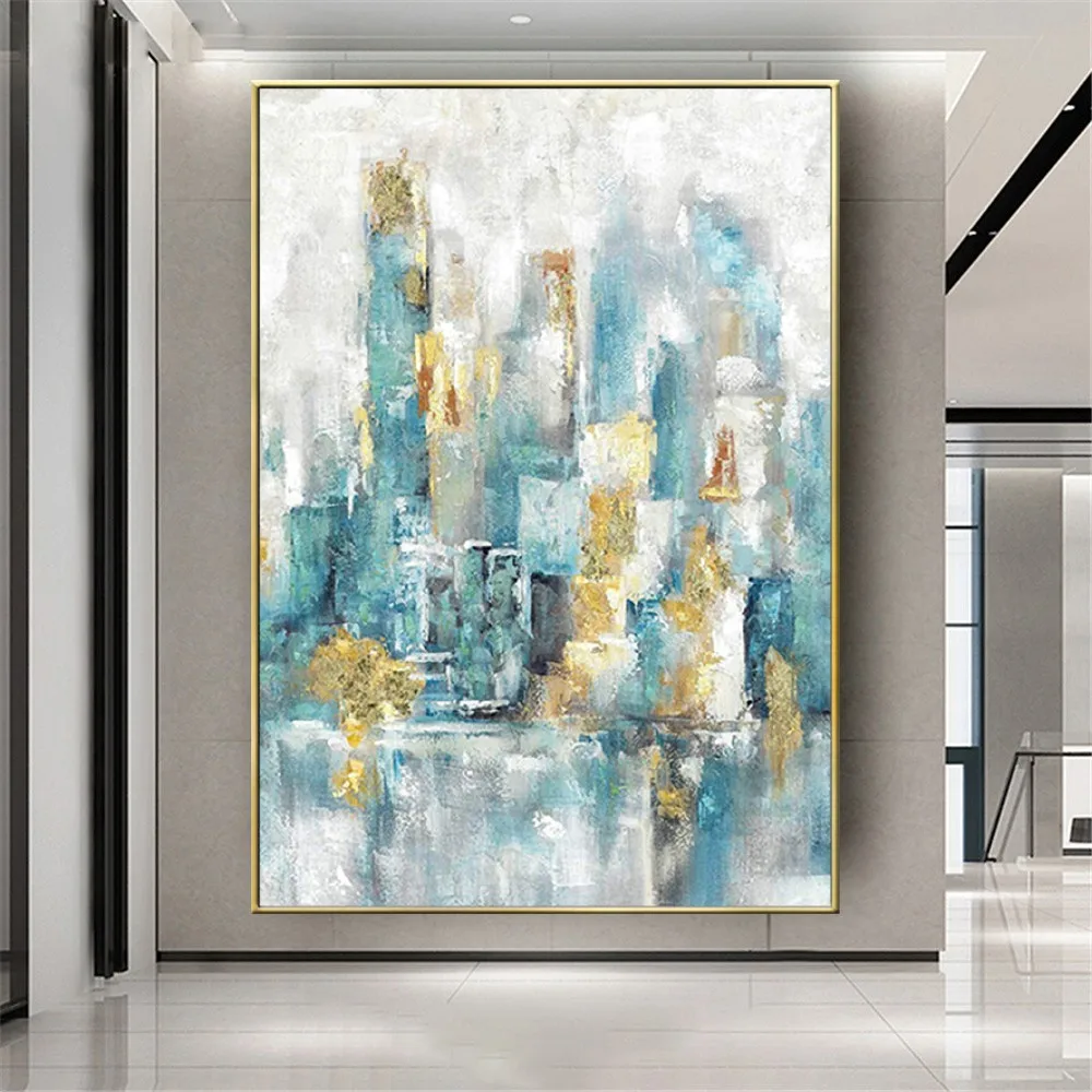 Abstract Aqua Blue Gold Urban Cityscape Wall Art