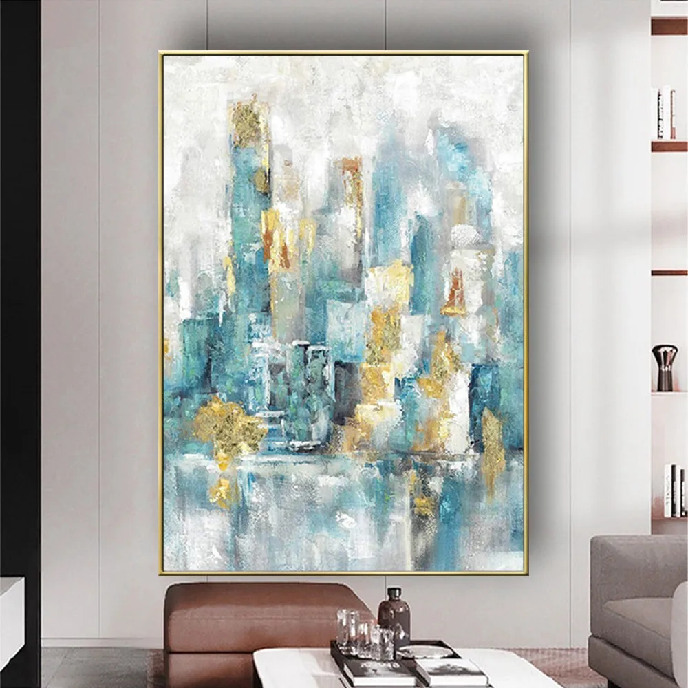 Abstract Aqua Blue Gold Urban Cityscape Wall Art