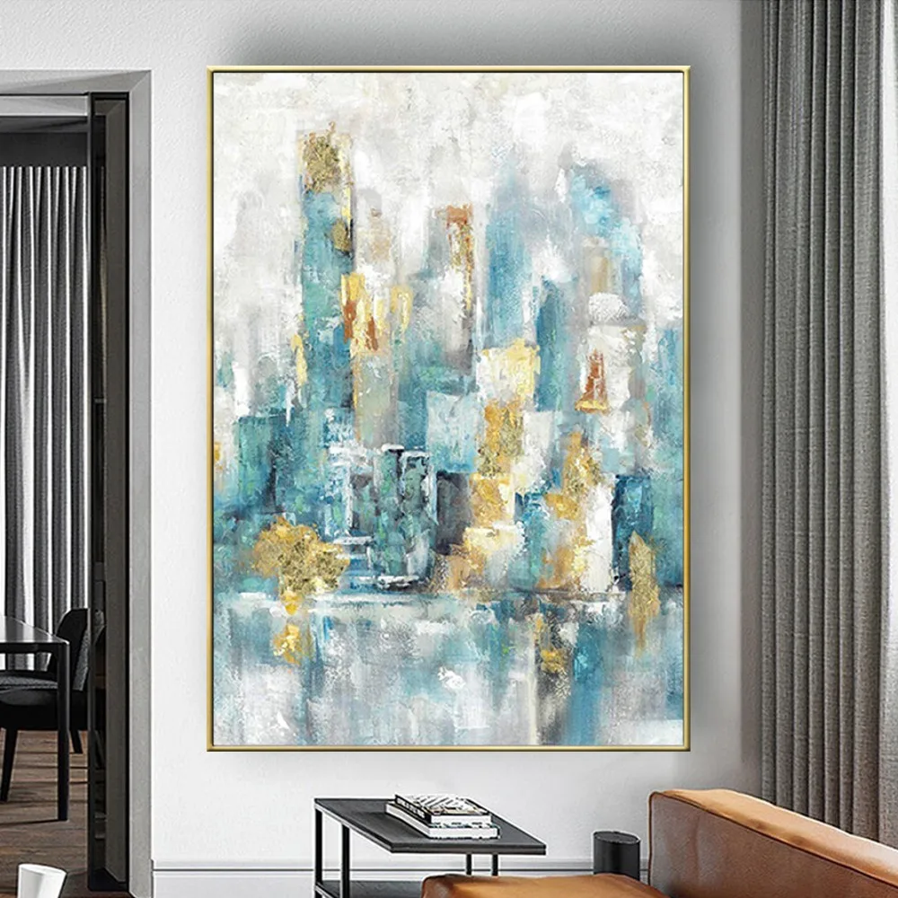 Abstract Aqua Blue Gold Urban Cityscape Wall Art