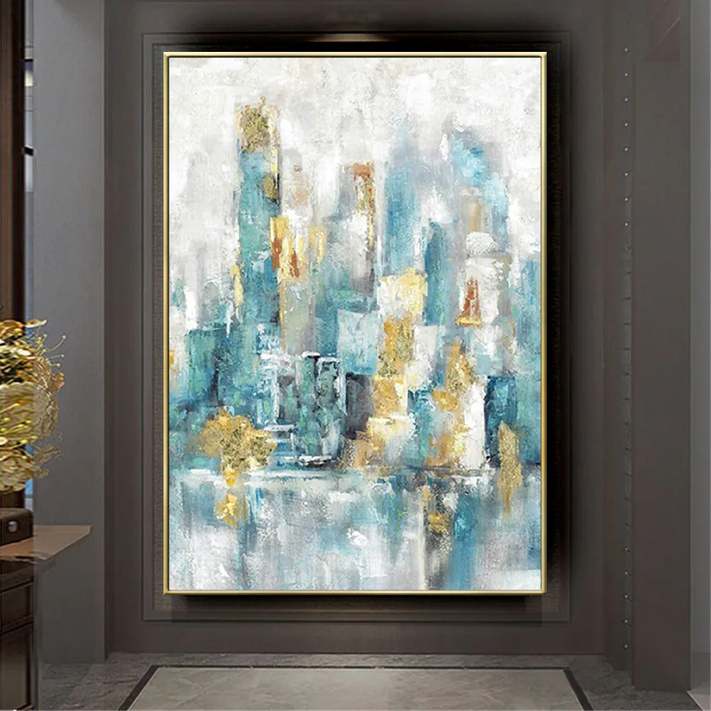 Abstract Aqua Blue Gold Urban Cityscape Wall Art