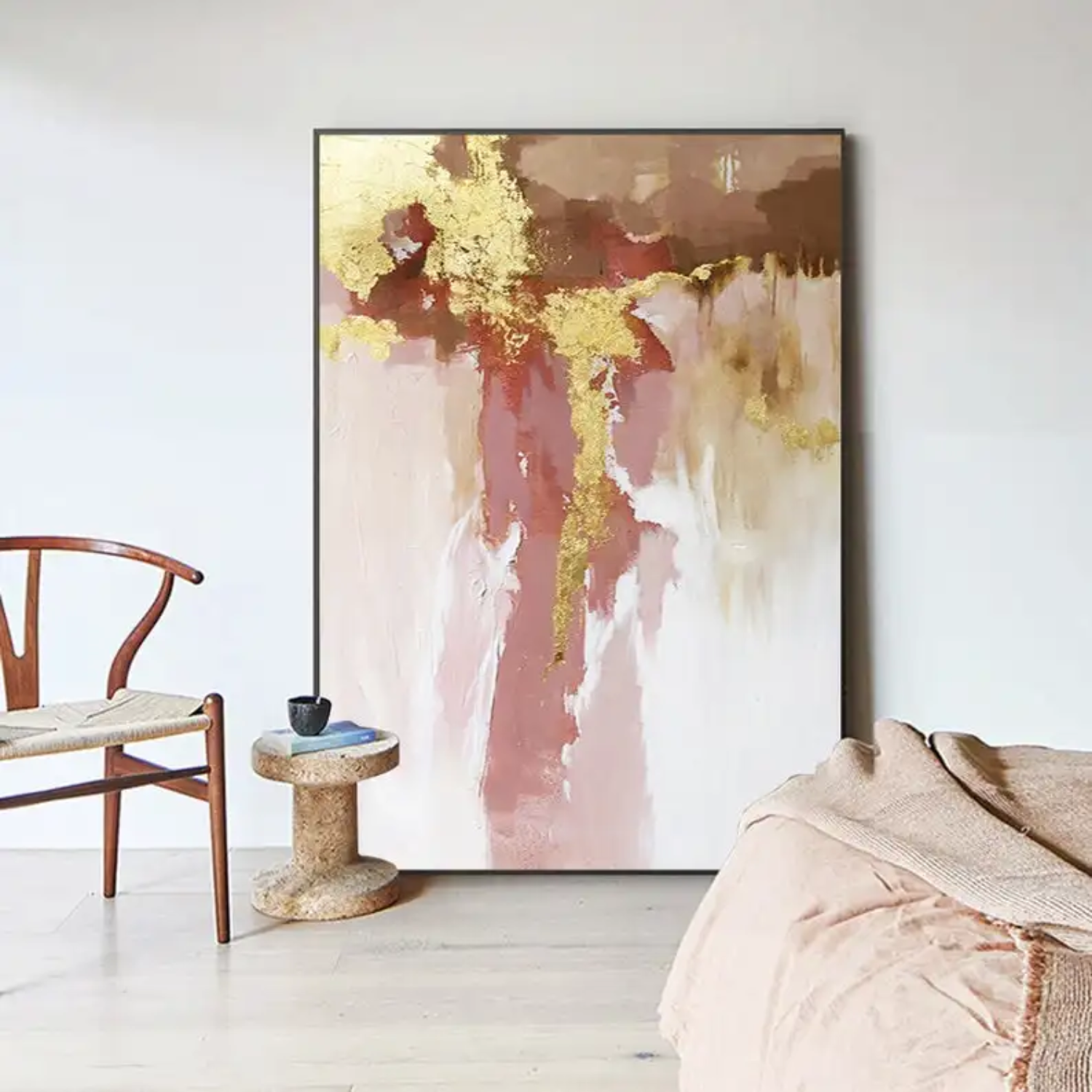 Modern Abstract Art with Gold and Pink Accents