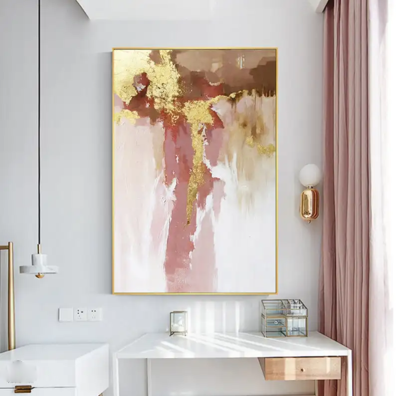 Modern Abstract Art with Gold and Pink Accents