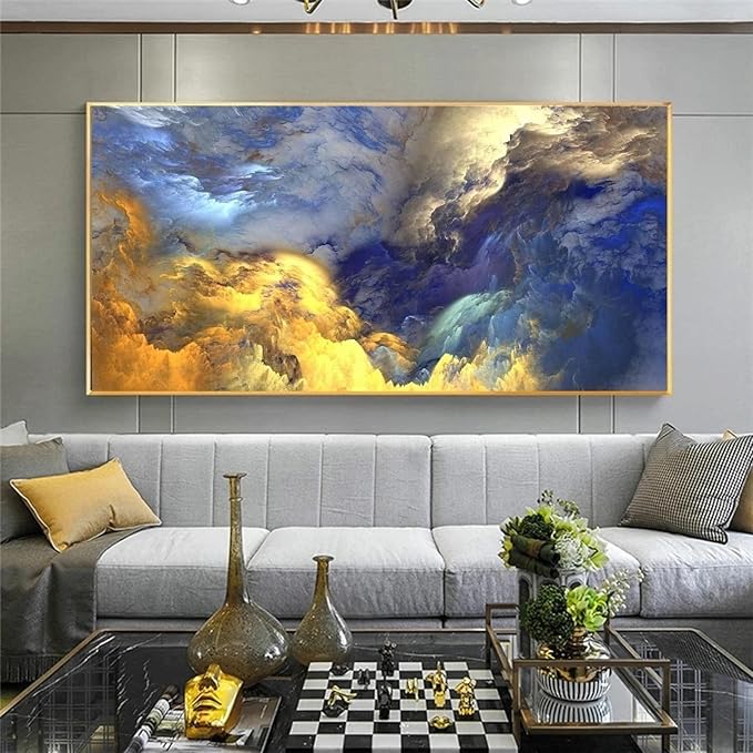 Modern Abstract Art Painting For Living Room Gold Blue Cloud Fog Nordic