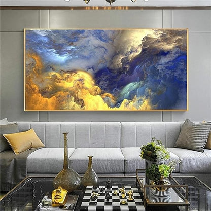 Celestial Cloudscape – Gold & Blue Abstract Sky Painting on Canvas