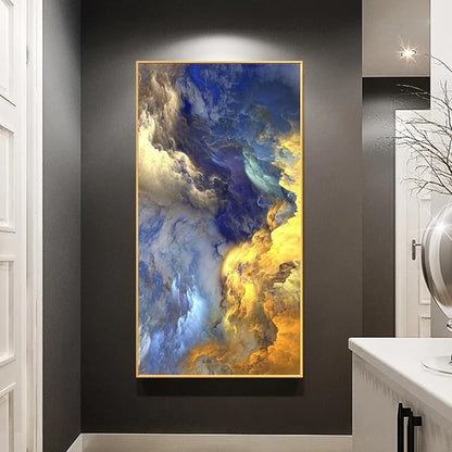 Celestial Cloudscape – Gold & Blue Abstract Sky Painting on Canvas