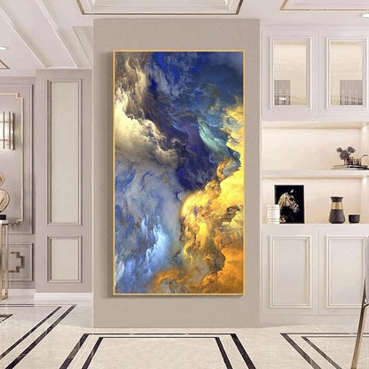 Celestial Cloudscape – Gold & Blue Abstract Sky Painting on Canvas