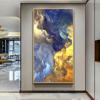 Celestial Cloudscape – Gold & Blue Abstract Sky Painting on Canvas