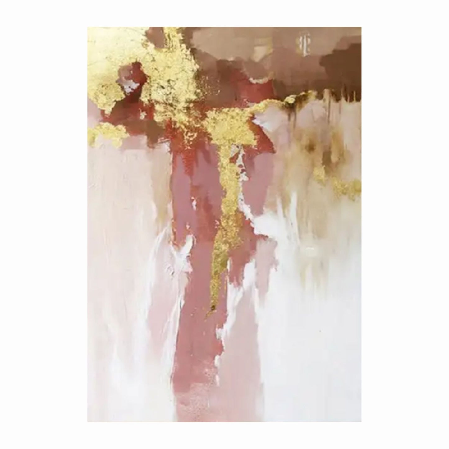 Abstract art piece with gold and pink colors on a white background