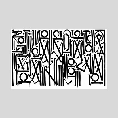 Black abstract geometric design on a light gray background