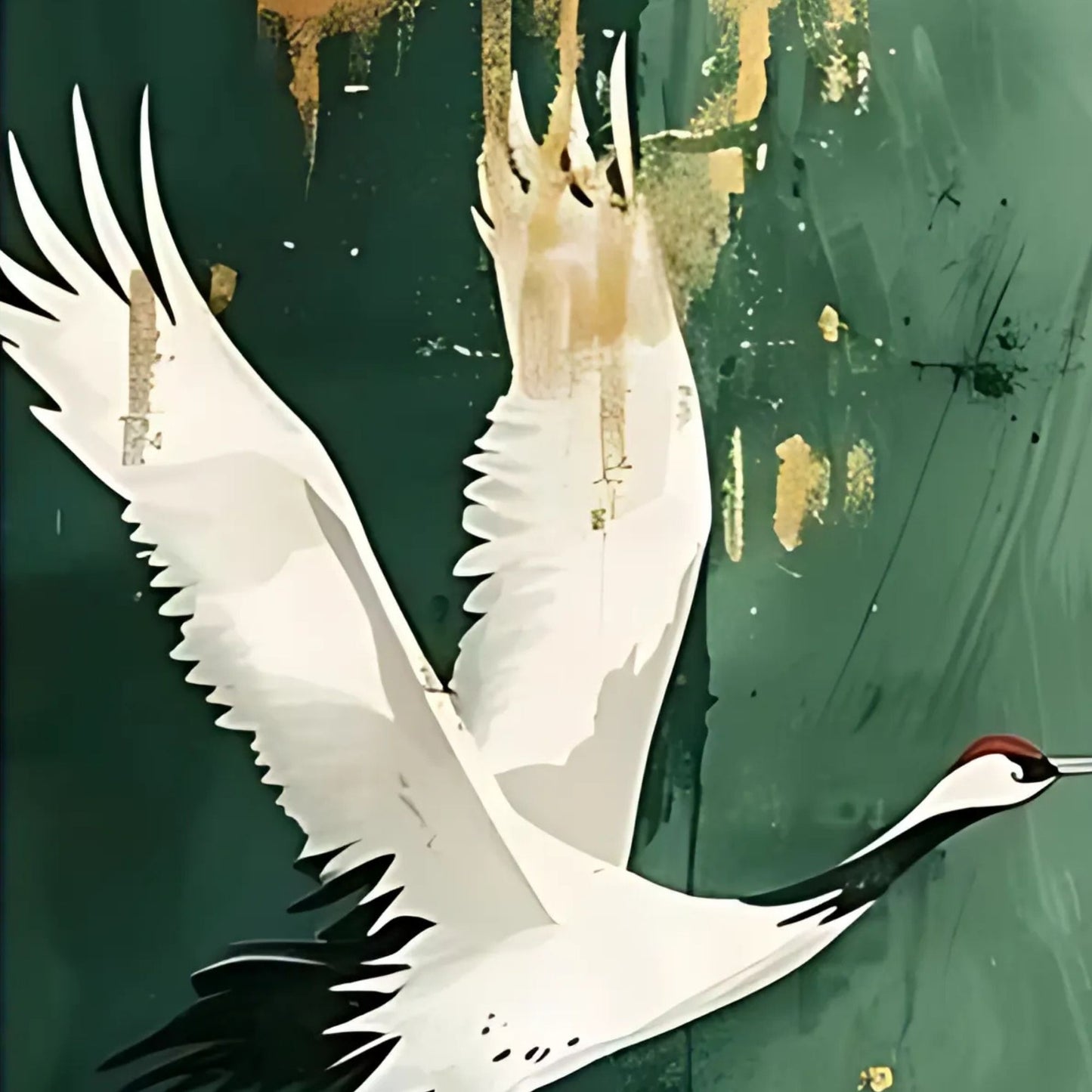 Two white cranes flying against a green and gold abstract background