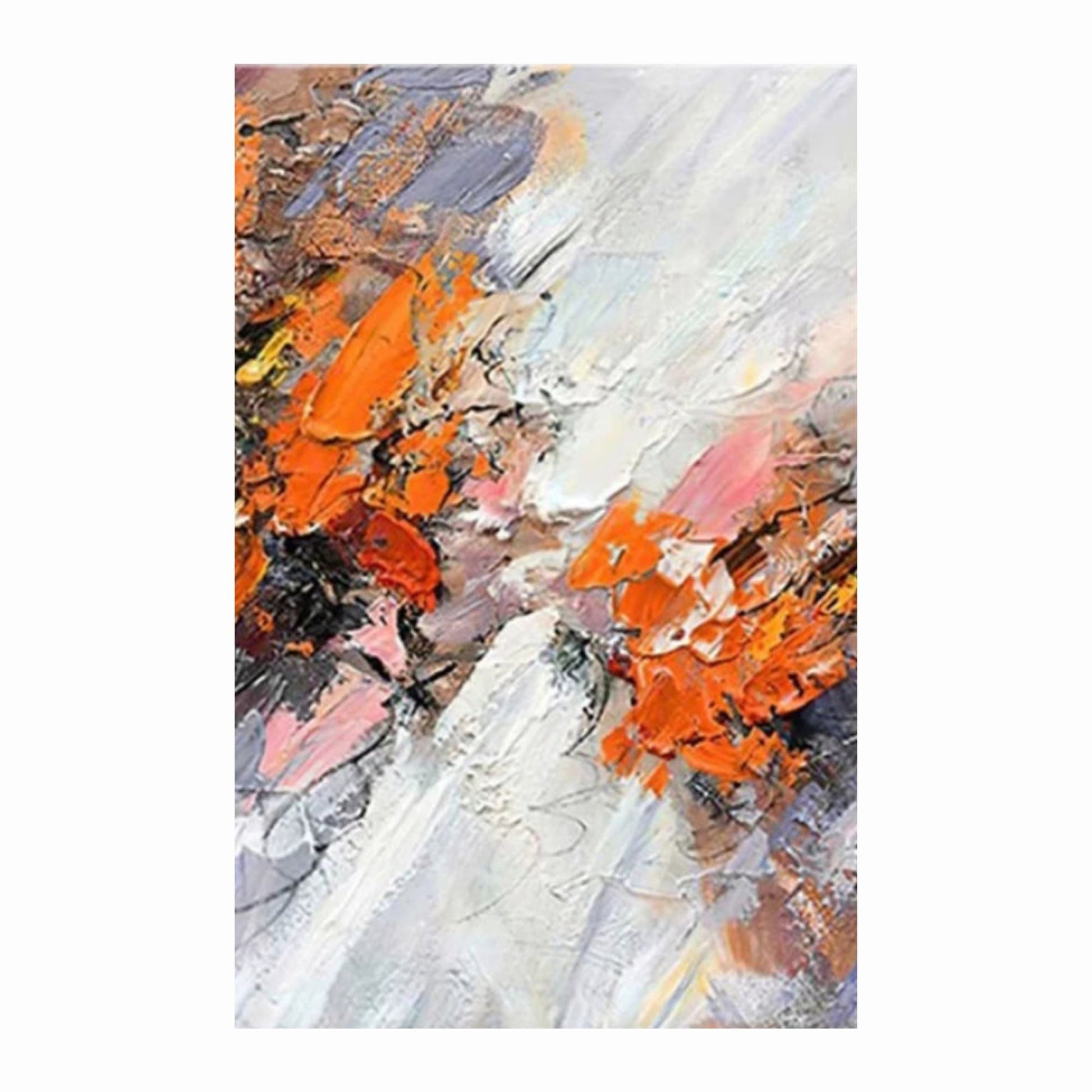 Abstract art with orange, pink, and gray colors on a white background