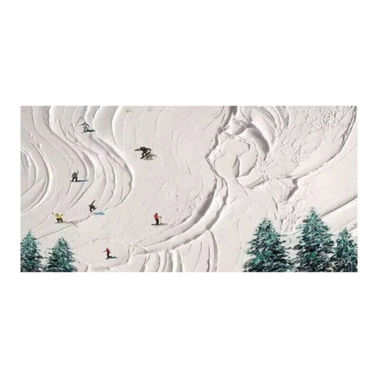 Hand-painted winter landscape artwork showing skiers on textured snow with evergreen trees, titled “Skiers in Snow Valley.”