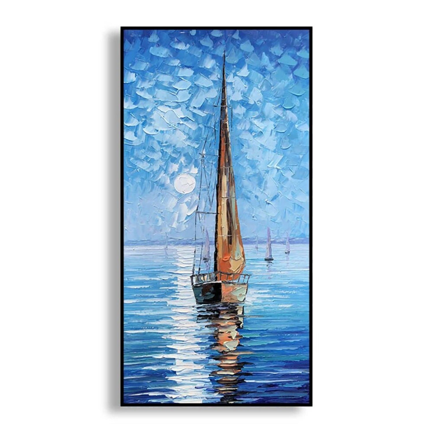 Moonlit Knife Textured Sailboat Seascape Ocean Wall Art