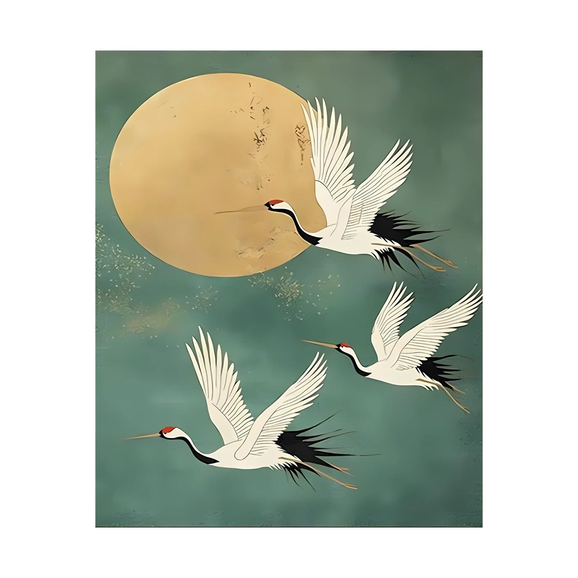 Three white cranes with black tails flying in front of a large golden moon on a green background