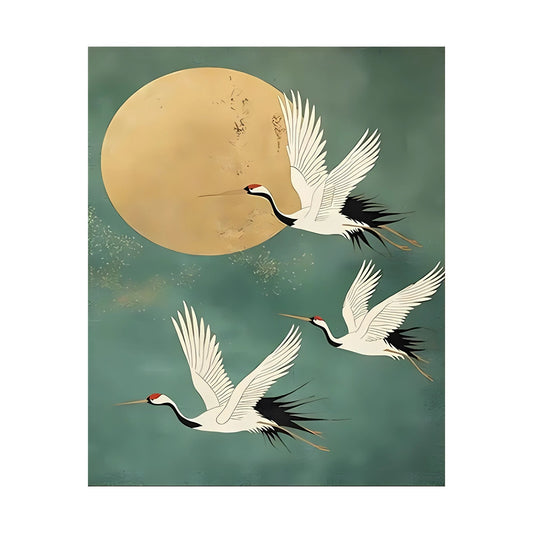 Three white cranes with black tails flying in front of a large golden moon on a green background