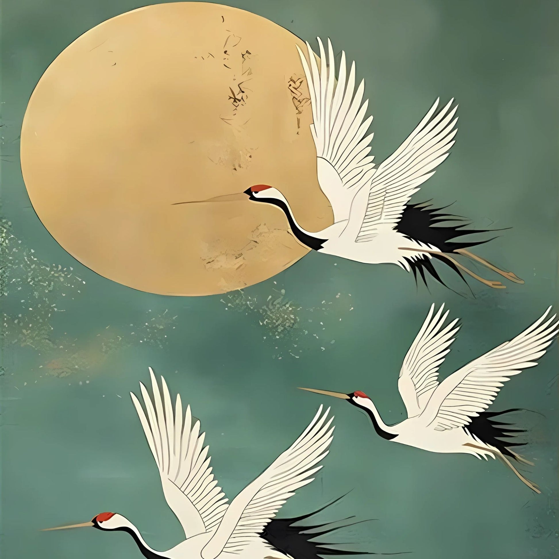 Three white cranes flying against a golden moon and green sky