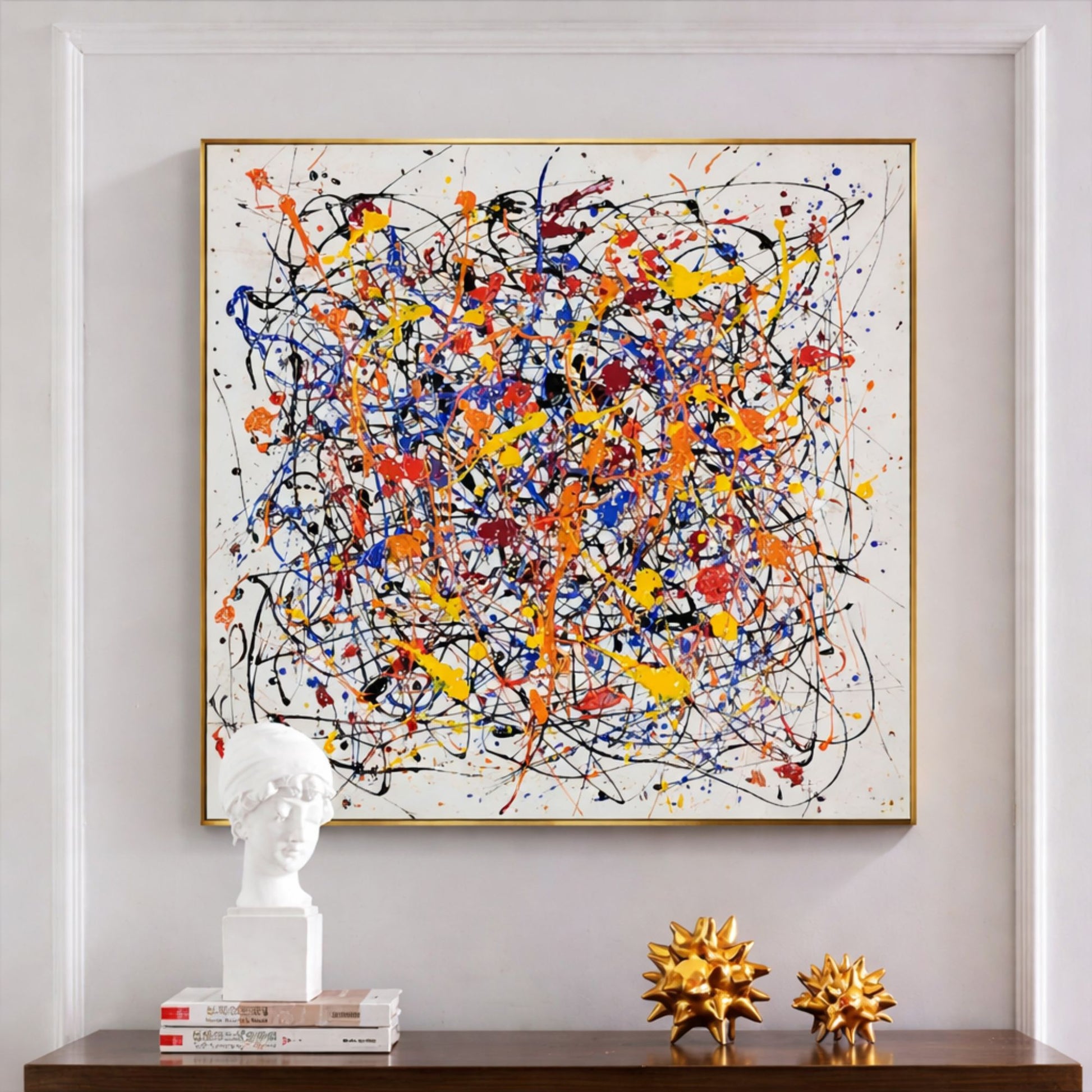 Multicolour abstract drip painting with blue yellow and red splashes in modern interior